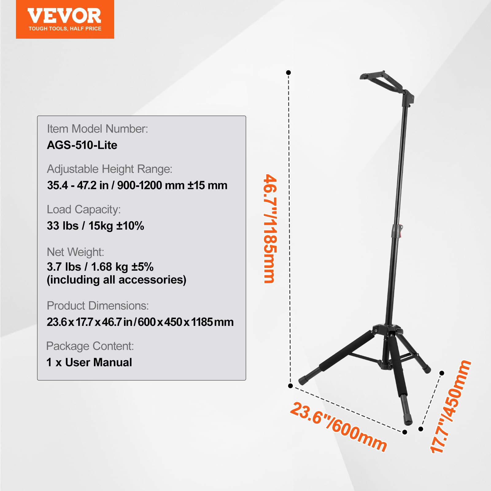 VEVOR Dreibein-Gitarrenständer, 15 kg Tragfähigkeit, zusammenklappbares Gitarrenstativ, höhenverstellbar von 900 bis 1200 mm, für Gitarre, Akustik, Elektro, klassischer Bass, 600 x 450 x 1185 mm