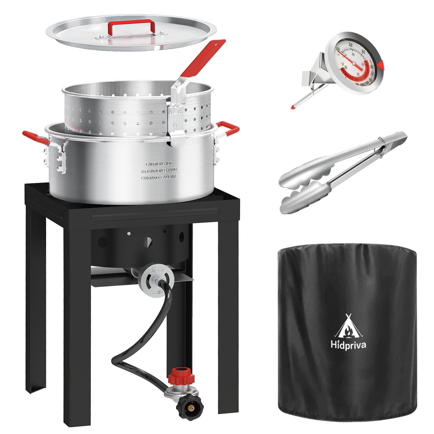 10QT Propane Fish Fryer with Lid, Cover, Fryer Tong & Thermometer, 8QT Basket for Frying Fish, Chicken Wings, French Fries, Deep Fryers with 5 PSI Regulator & 55,000 BTU Burner for Outdoor Cooking