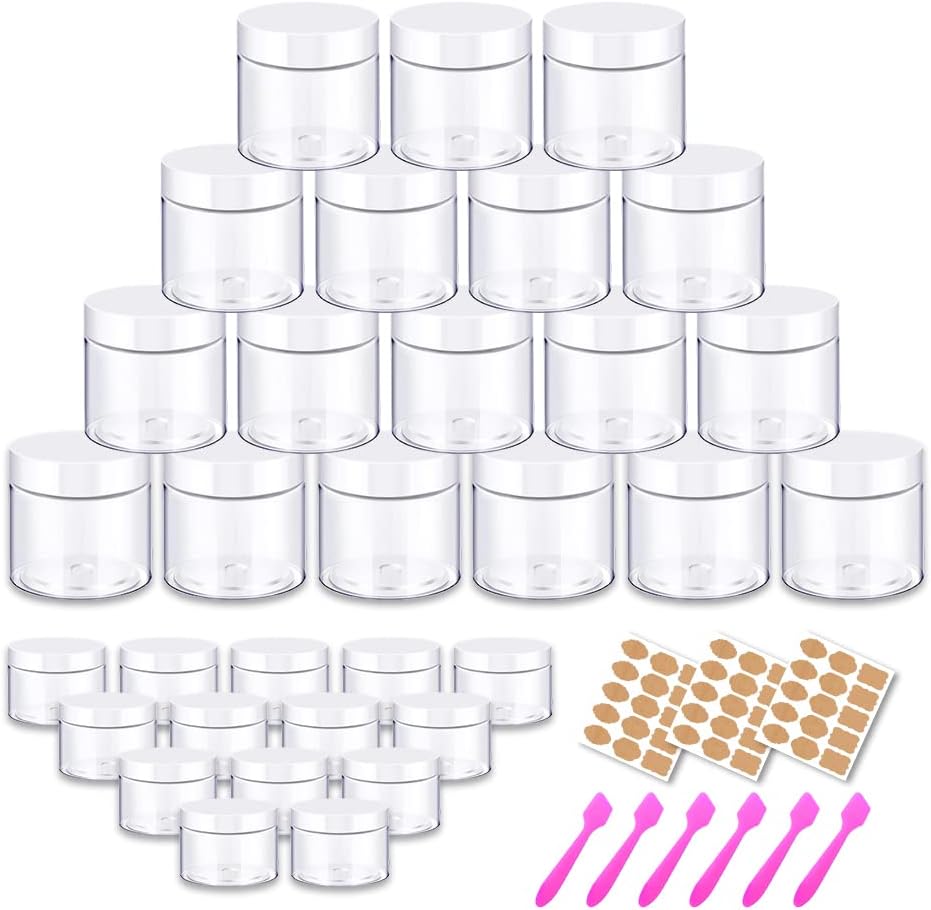 AMORIX 2 oz Plastik Kavanoz Yuvarlak Kozmetik Kapları Beyaz Kapaklı | Krem, Vücut Yağı, Göz Farı, Suni Elmas, Dudak Ovma, Seyahat için 20 g Şeffaf Küçük Numune Kapları (48'li Set) - Ücretsiz Etiketler ve