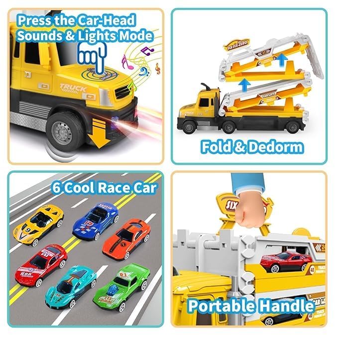 Image of Big Hauler Storage & Deform Truck Toy with 55 inch 2 Ejection Race Track & 6 Cars- Catapult Truck with LED Light & Music for Kids (Yellow)