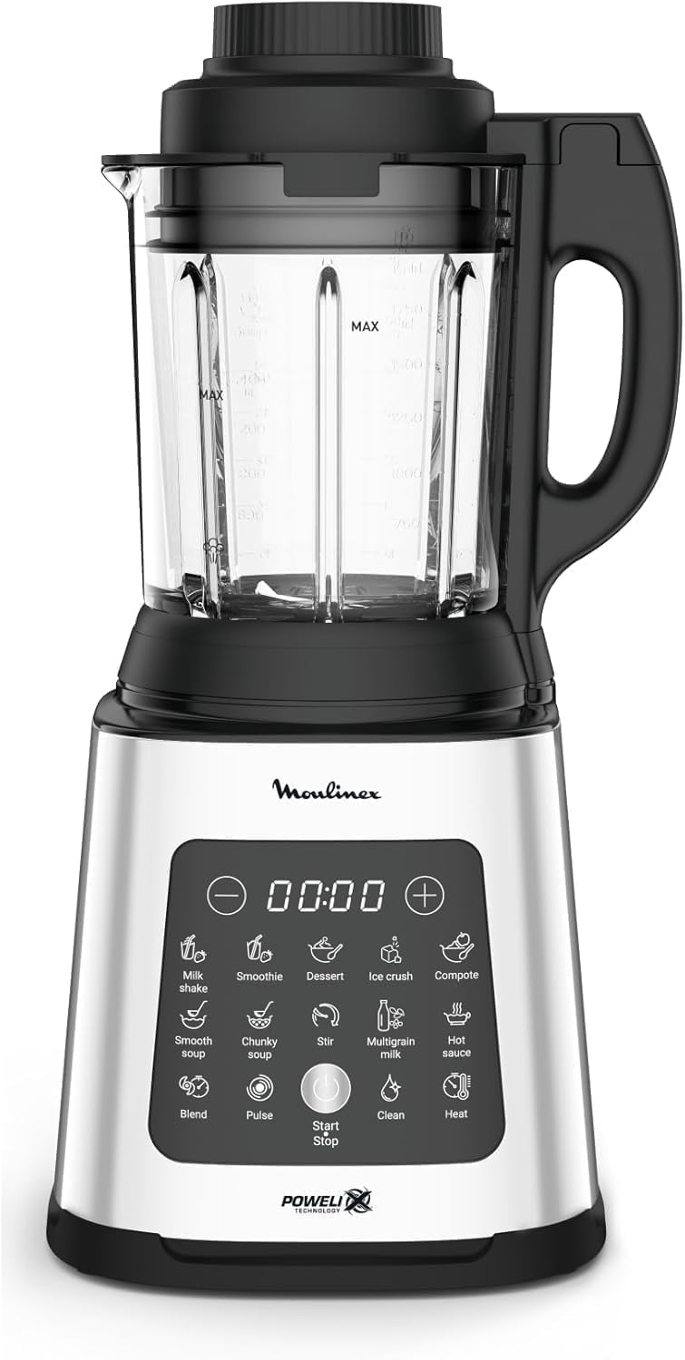 Moulinex PerfectMix Cook - Batidora de vaso de 1400W, 10 programas automáticos, cuchillas extraíbles Powelix, capacidad 2L, alto rendimiento, cocina saludable,​App Moulinex +​300 recetas, LM83SD