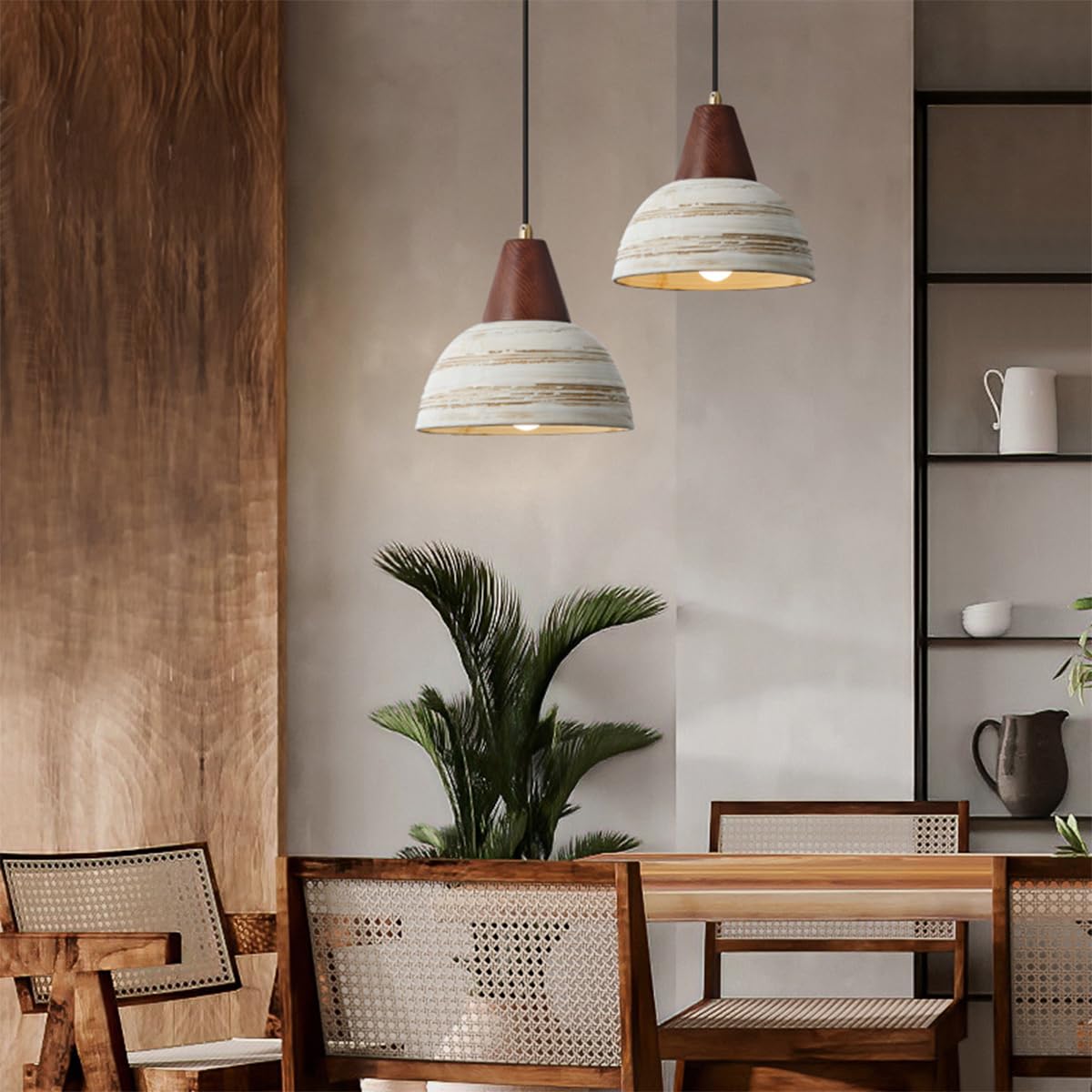Suspension en céramique rustique avec finition bois, douille E27, câble réglable 150cm, luminaire vintage Japandi pour salon, chambre, salle à manger ou café (23cm)