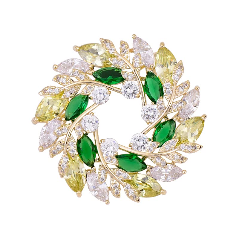 Image of 14K Gold Leaf Wreath Brooch, Handcrafted Moissanite Corsage Pin Buckle - Elegant Blazer Accessory, Perfect Birthday or Special Occasion Gift for Her