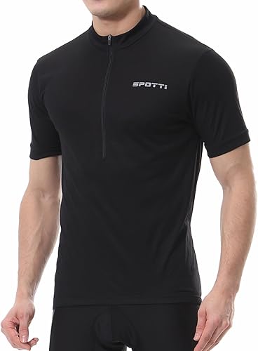 Spotti Camiseta de ciclismo de manga corta para hombre con 3 bolsillos traseros absorbe la humedad transpirable de secado rápido Negro, Azul, Raya