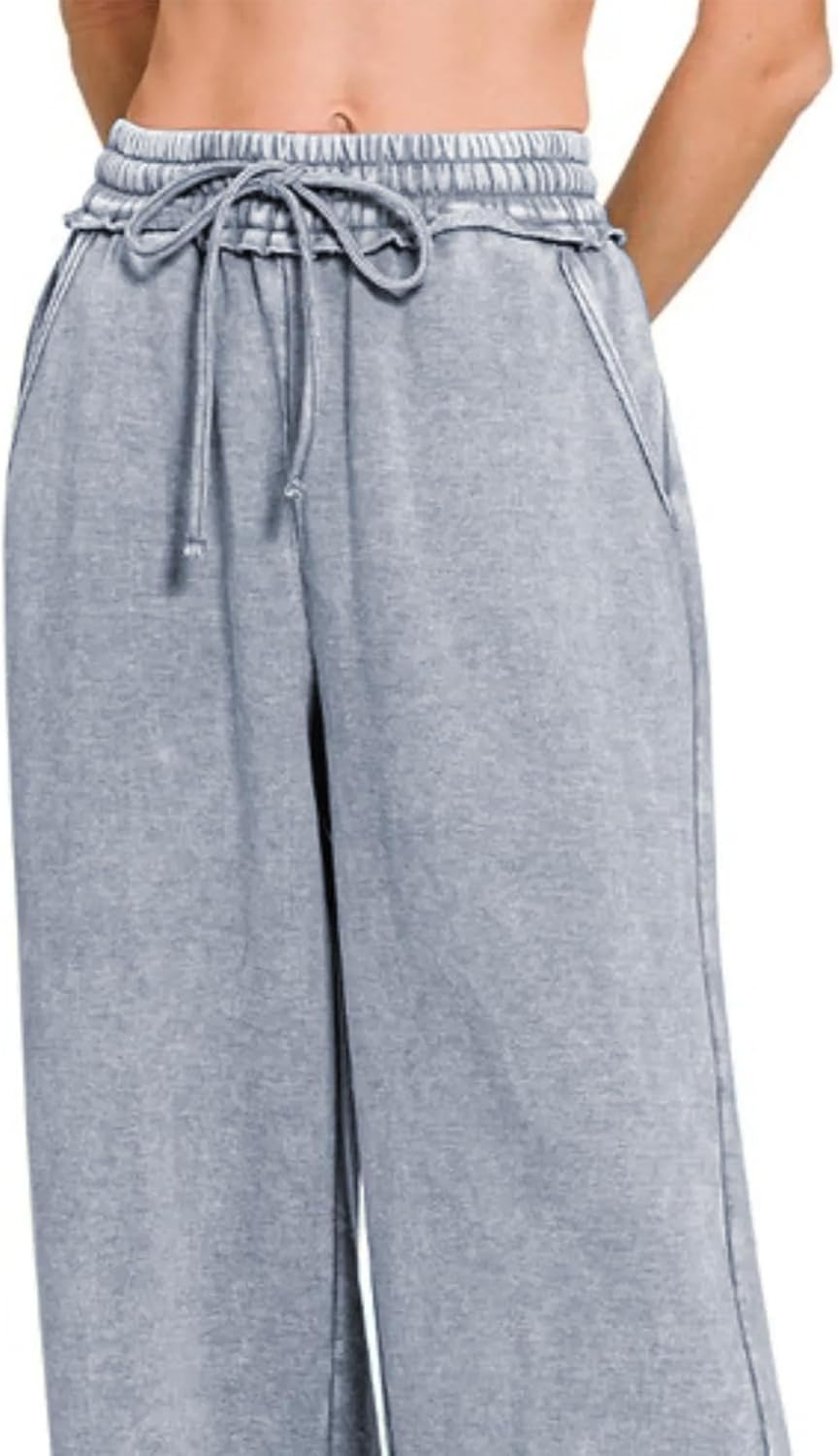 Ainangua Women Acid Wash Palazzo Sweatpants Casual High Waist Drawstring Wide Leg Pants Baggy Fleece Trousers with Pockets - Image 5