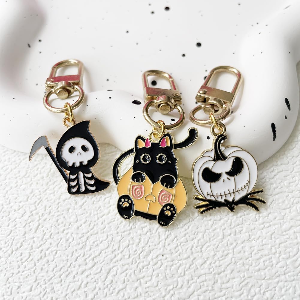 Halloween Keychain Set for Women Cute Orange Pumpkin Cat Black White Ghost Skull Head Pendant Charms Car Keys Ring - Image 6