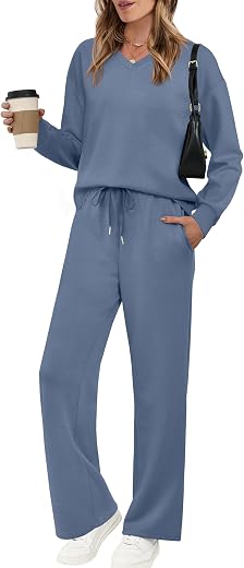 WIHOLL Lounge Sets for Women 2025 V Neck 2 Piece Outfits Airport Wide Leg Pants Matching Set Sweatsuits