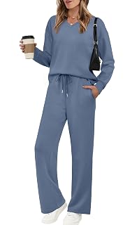 WIHOLL Lounge Sets for Women 2025 V Neck 2 Piece Outfits Airport Wide Leg Pants Matching Set Sweatsuits - Amazon product rated Grade A