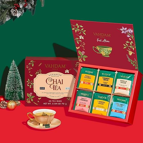 Vista 2 de VAHDAM, Paquete surtido de té Chai (6 deliciosos sabores, 36 bolsas de té piramidales ecológicas) con cafeína, sin gluten, sin OGM, mezclas de té