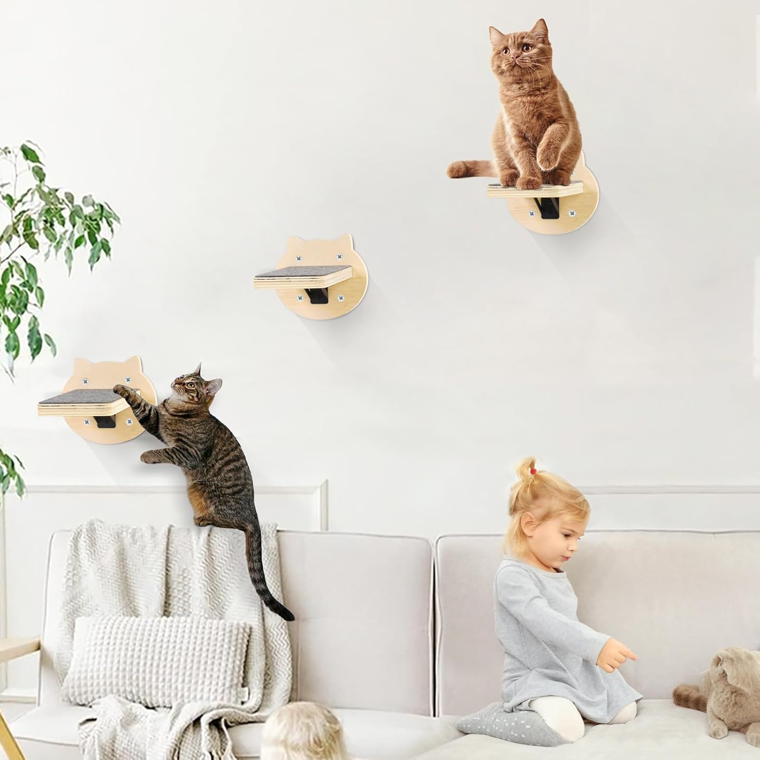 review 3-Packs Cat Climbing Shelves Wall Mounted, Cat Wall Steps Shelves, Cat Wall Shelves with Scratching Pad, Cat Wall Furniture for Cats Sleep Climb Play, Cat Shelves Cat Stairs Cat Ladder (Burlywood)
