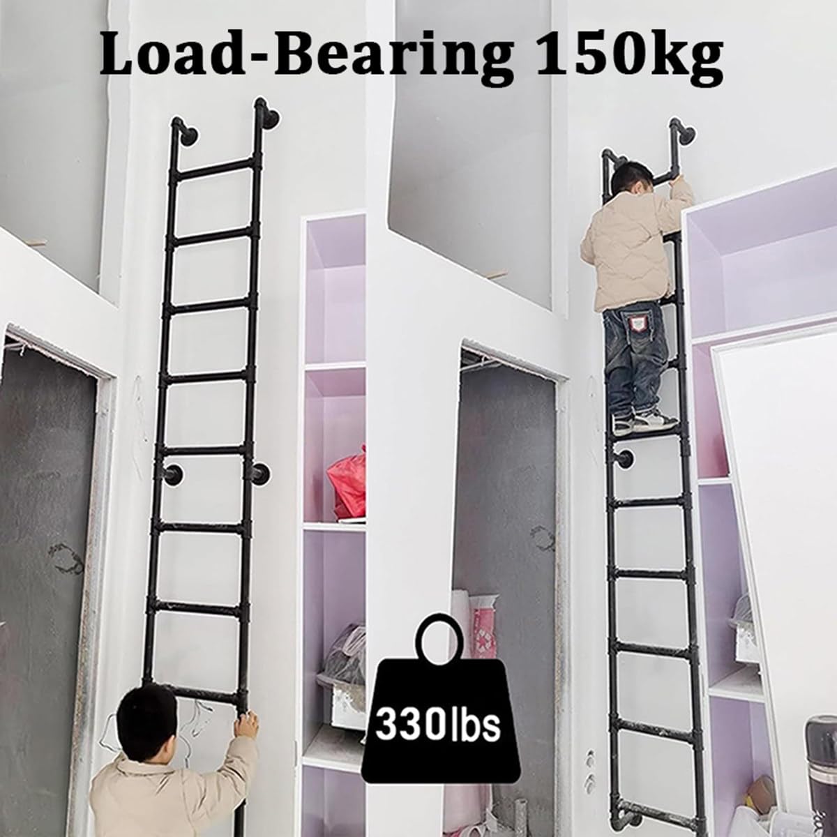 Escalera de Salida de Pared de Hierro Forjado Blanco para ático, litera, Escalera de 150-250 cm para sótano, ático, litera, Autocaravana, terraza, Dormitorio,180cm