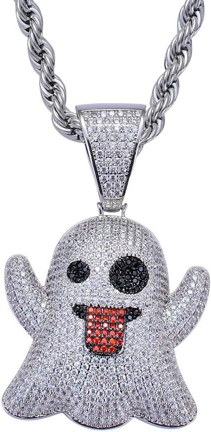 LC8 Jewelry Men CZ Cluster Lab Diamond Emoji Ghost Pendant Hip Hop Iced Out Crystal Necklace 18K Gold Plated with 24โ Stainless Rope Chain for Women (Silver)