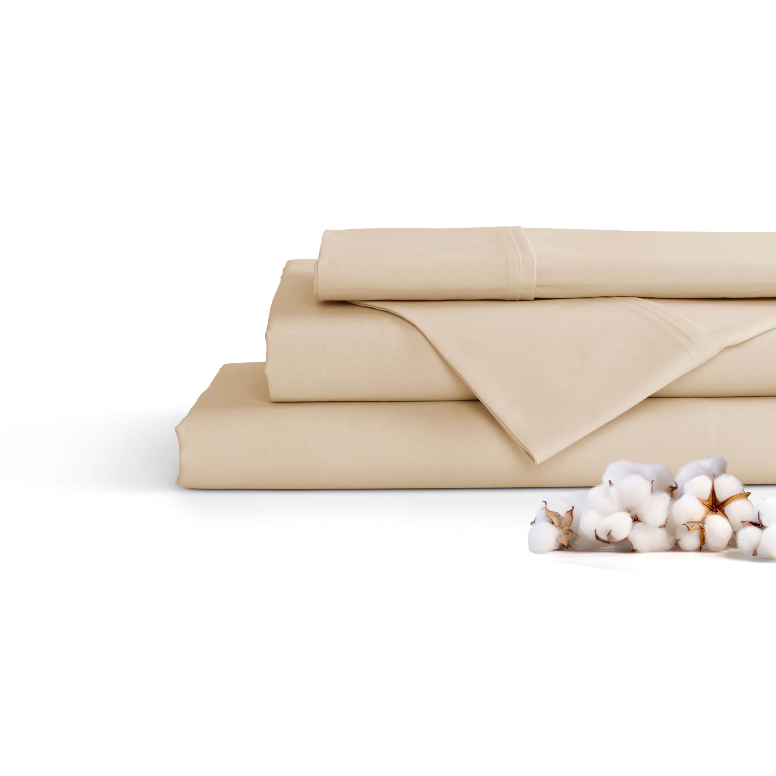 100% Cotton Percale Sheets Twin Size, Cream, Deep Pocket, 3 Pieces Sheet Set - 1 Flat, 1 Deep Pocket Fitted Sheet and 1 Pillowcase, Crisp Cool and Strong Bed Linen