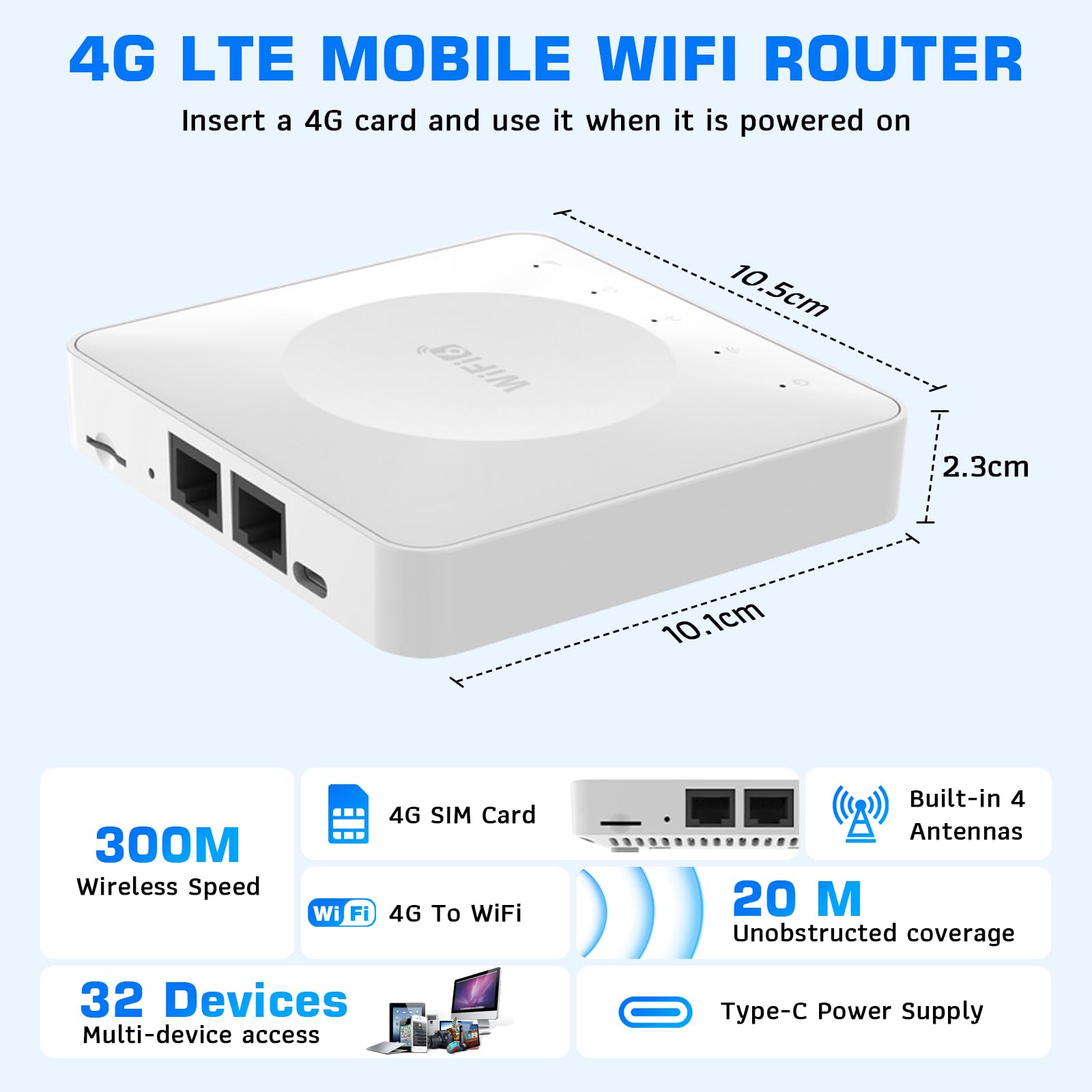 Hotspot Mobile 4G Routeur, Routeur Internet Mobile LTE jusqu'à 300 Mbps | 4G Routeur WiFi 6 Portable, éCran LED, USB WiFi Portable, 2 ports LAN, jusqu'à 32 Utilisateurs WiFi pour Carte SIM