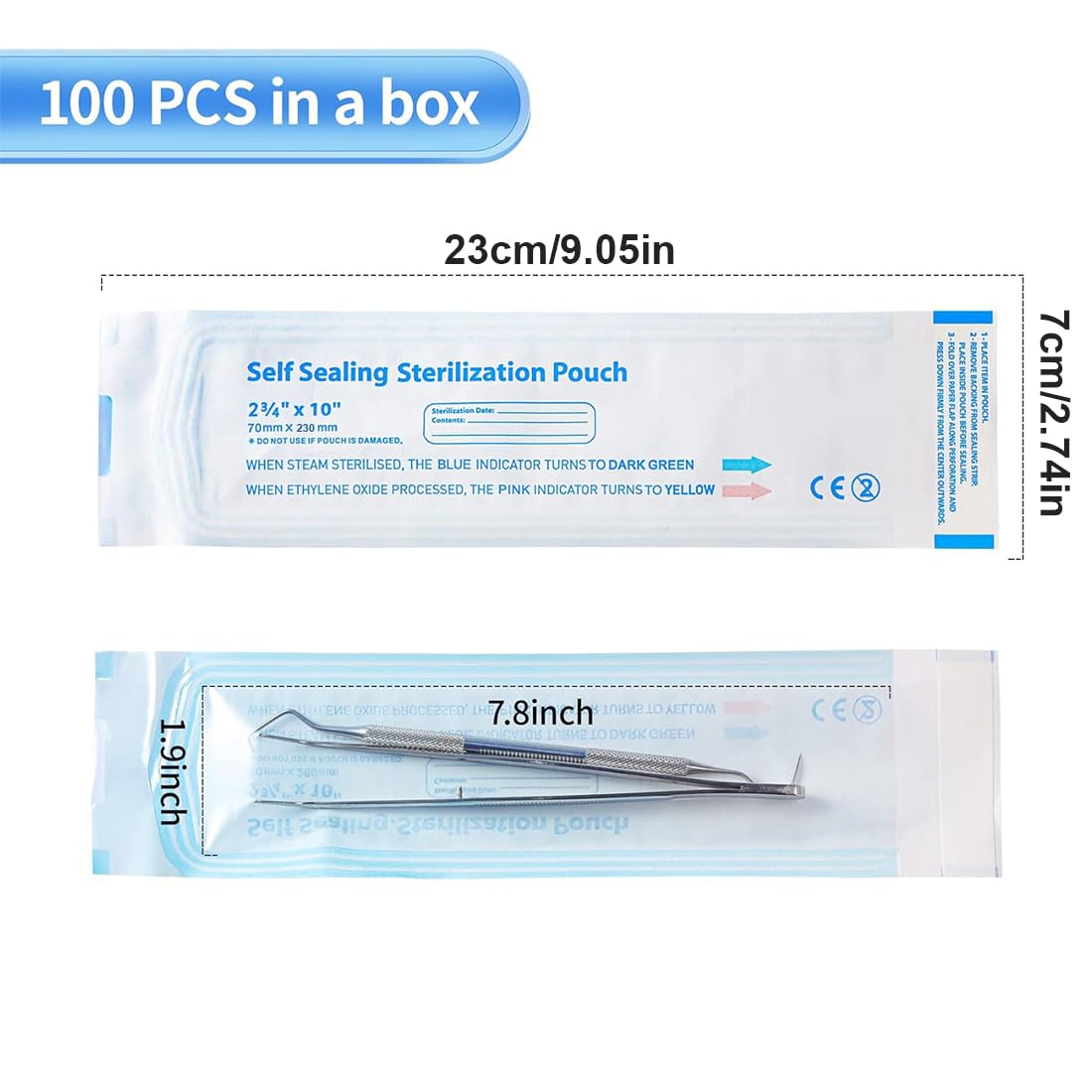 WUSJCOF 100 Sacchetti per Sterilizzazione Autoclave, Sacchetti Autoadesivi per Disinfezione, Sacchetti Sterilizzazione Manicure, Utilizzati per Strumenti Dentali e Nail Art, 70x230MM