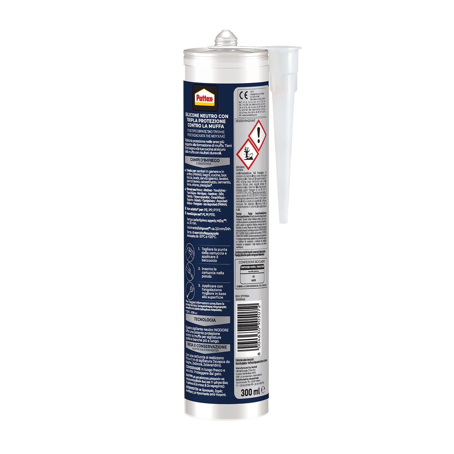 Pattex Bagni&Cucine 3x Protection, Sigillante bianco Tripla Protezione per prevenire la muffa, Silicone resistente all'acqua, Silicone antimuffa in cartuccia, 1x300ml