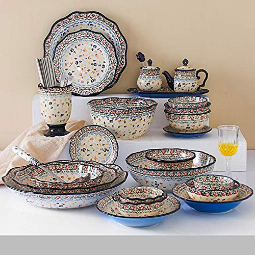 SQMGFA Juego de vajilla de Cocina, vajilla de cerámica, vajilla de Porcelana de 34 Piezas, tazón de Cereal y Plato de Carne, Estilo folklórico, para Bodas, b (Multicolor-a (Multicolor d)