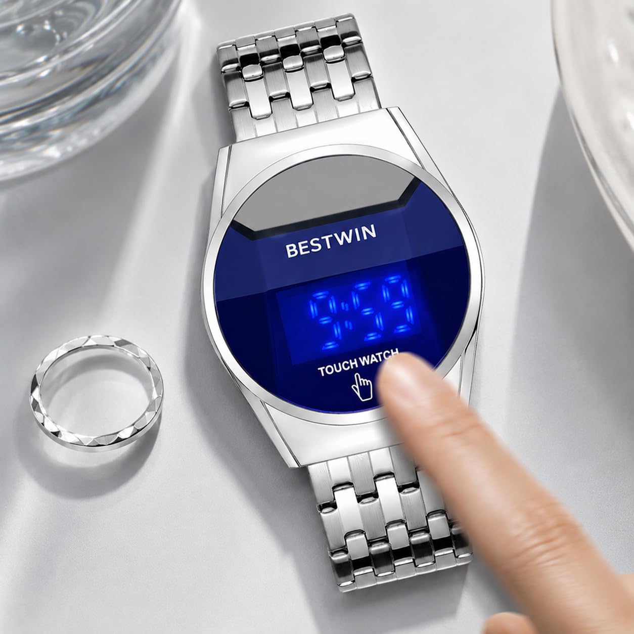 MASTOP Orologio digitale touch screen per gli uomini, cinturino in acciaio