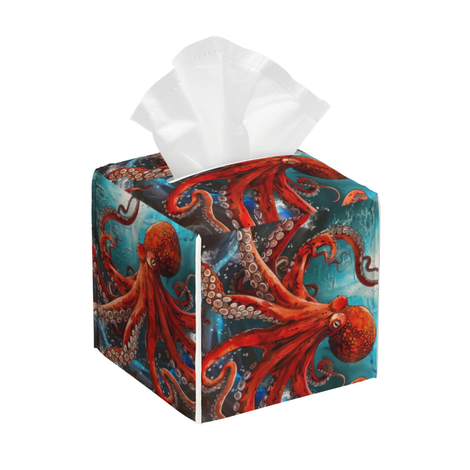 Square Tissue Box Cover, Leather Tissue Cube Box Holder, Ocean Animal Kraken Octopus Monster Nautical Facial Paper Case for Tabletop, Bathroom, Car, Office 5.2"x5.2"x5.2"in