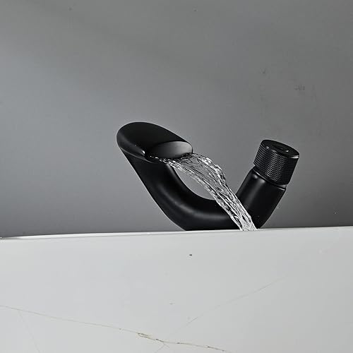 Miniatura 6 de Wovier Cascada negro mate grifo del fregadero del cuarto de baño con manguera de suministro, solo mango grifo del fregadero del lavabo del solo