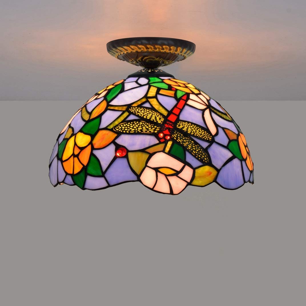 Oświetlenie Sufitowe Z Witrażem 12" Lampy Sufitowe W Stylu Tiffany Z Kloszem W Kształcie Ważki Do Salonu
