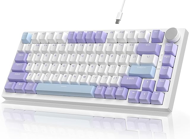 YINDIAO Ajazz AK820 Klawiatura Mechaniczna z Pokrętłem,Układ ANSI 75%,81 Keys,Przewodowa Klawiatura do Gier,5 Pianek Dźwiękochłonnych,Hot-swap,Przełącznik liniowy,Podświetlenie RGB,na PC,MAC (Purple)