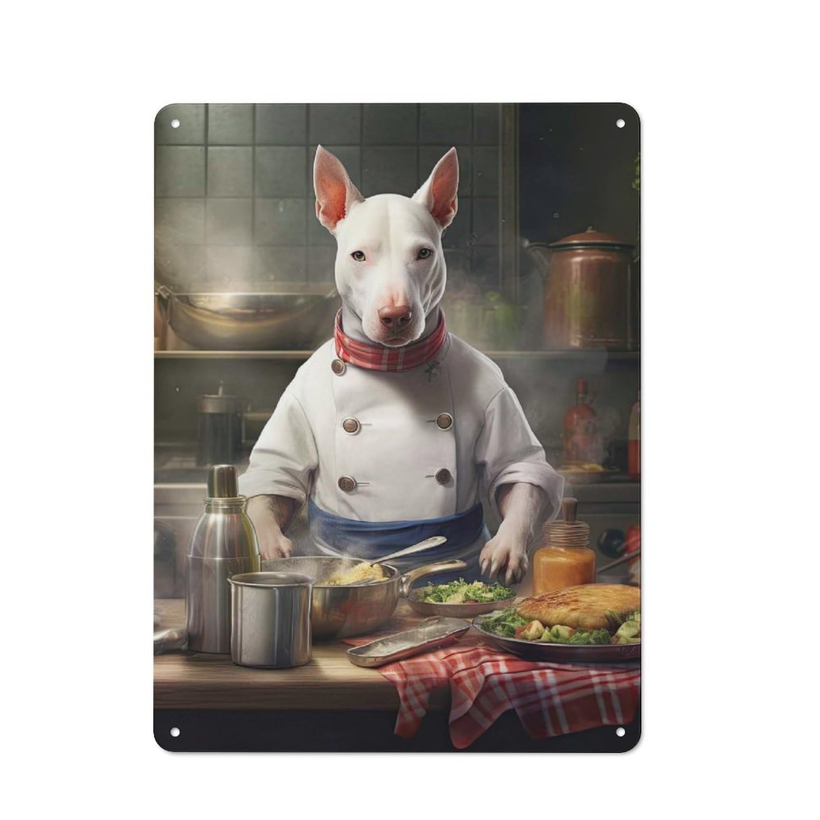 Junmoney English Bull Terrier Chef Metal Wall Sign 40X30cm Featuring For Home Bar Wall, Suited To Bar Sign Collectors