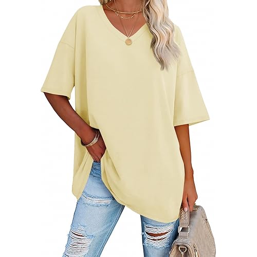 Ebifin Womens Oversized Tshirts V Neck Tee Shirts Half Sleeve Loose Fit T Shirt Cotton Tunic Tops 2025
