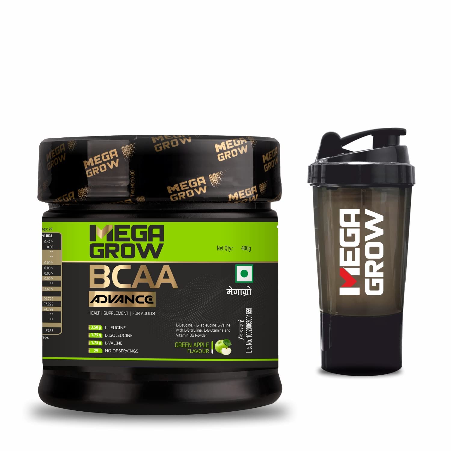 Megagrow Advance BCAA Intra/Pre Workout Supplements for Men Women|Green Apple Flavored With Shaker,400g -29 Servings-with Zero Sugar Added & Amino Acids-Leucine,L-Glutamine & L-Citrulline (B0BKLJC5FT) Amazon Price History, Amazon Price Tracker