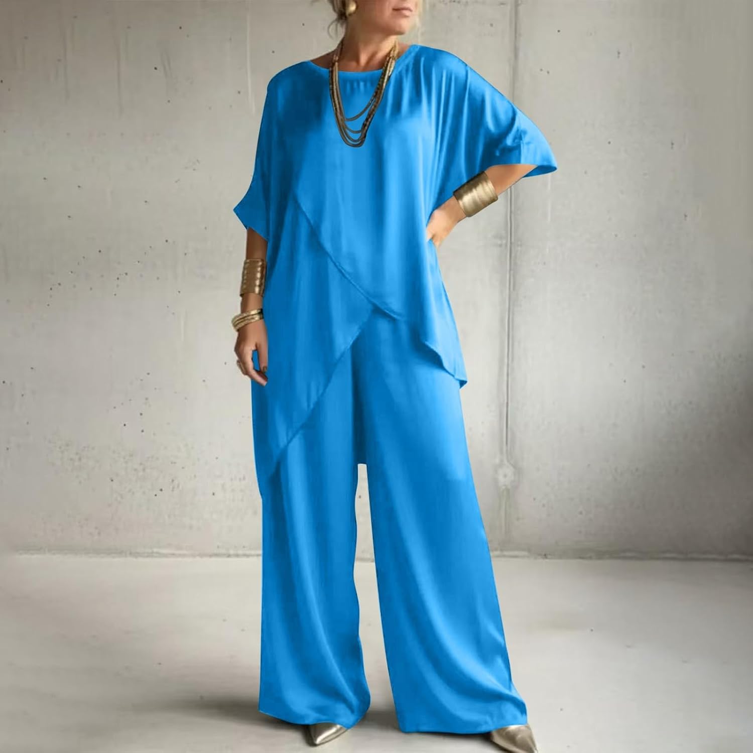Women Loose 2 Piece Sets Round Neck Short Sleeve Shirts Solid Color Wide Leg Baggy Trendy Vacation Trousers
