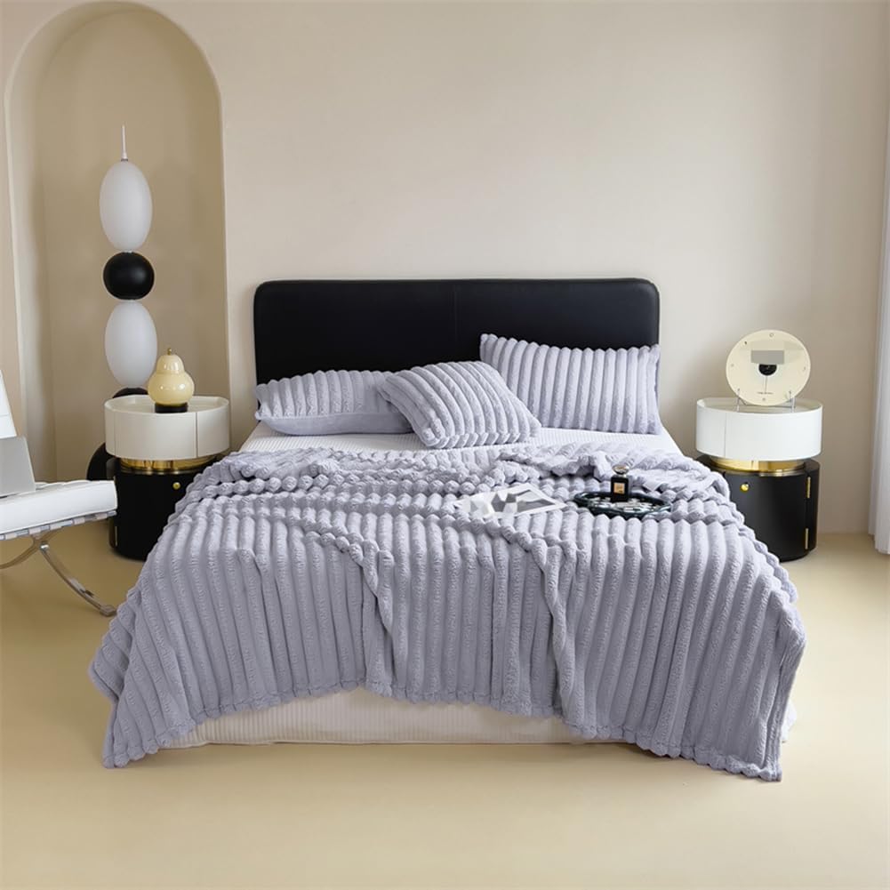 Fleece Blanket - Sofa Throw, Fluffy Soft Cosy Microfiber Warm Rabbit Plush Flannel Striped Jacquard Reversible Blanket Easy Care, for Audlts, Armchairs Couch, Double Twin (Purple,150×200cm)