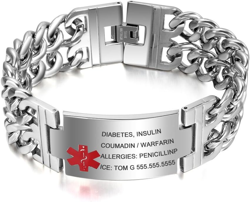 8.5 Inches Free Engraving Emergency Medical Alert ID Bracelets for Men Titanium Steel Life Medical Alert Bracelets for Adults