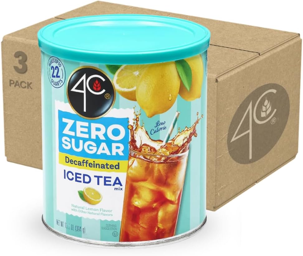 4C Zero Sugar Powdered Drink Mix Cannisters, Zero Sugar Decaffeinated Iced Tea 3 Pack, 22 Quarts, Family Sized Cannister, Low Calorie, Thirst Quenching Flavors