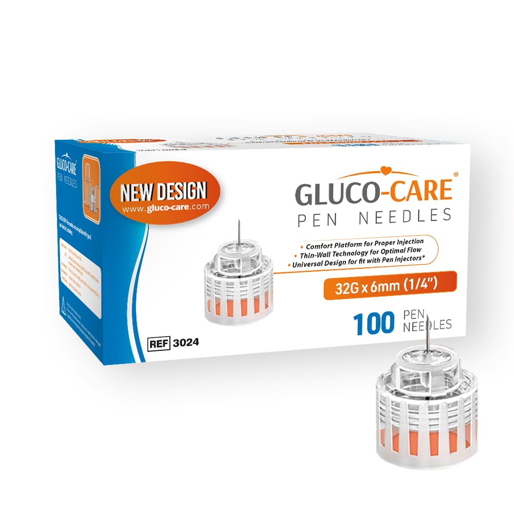 Puntas para pluma GLUCO-CARE Plus de 32 g x 6 mm, ajuste universal, diseño cómodo, caja de 100