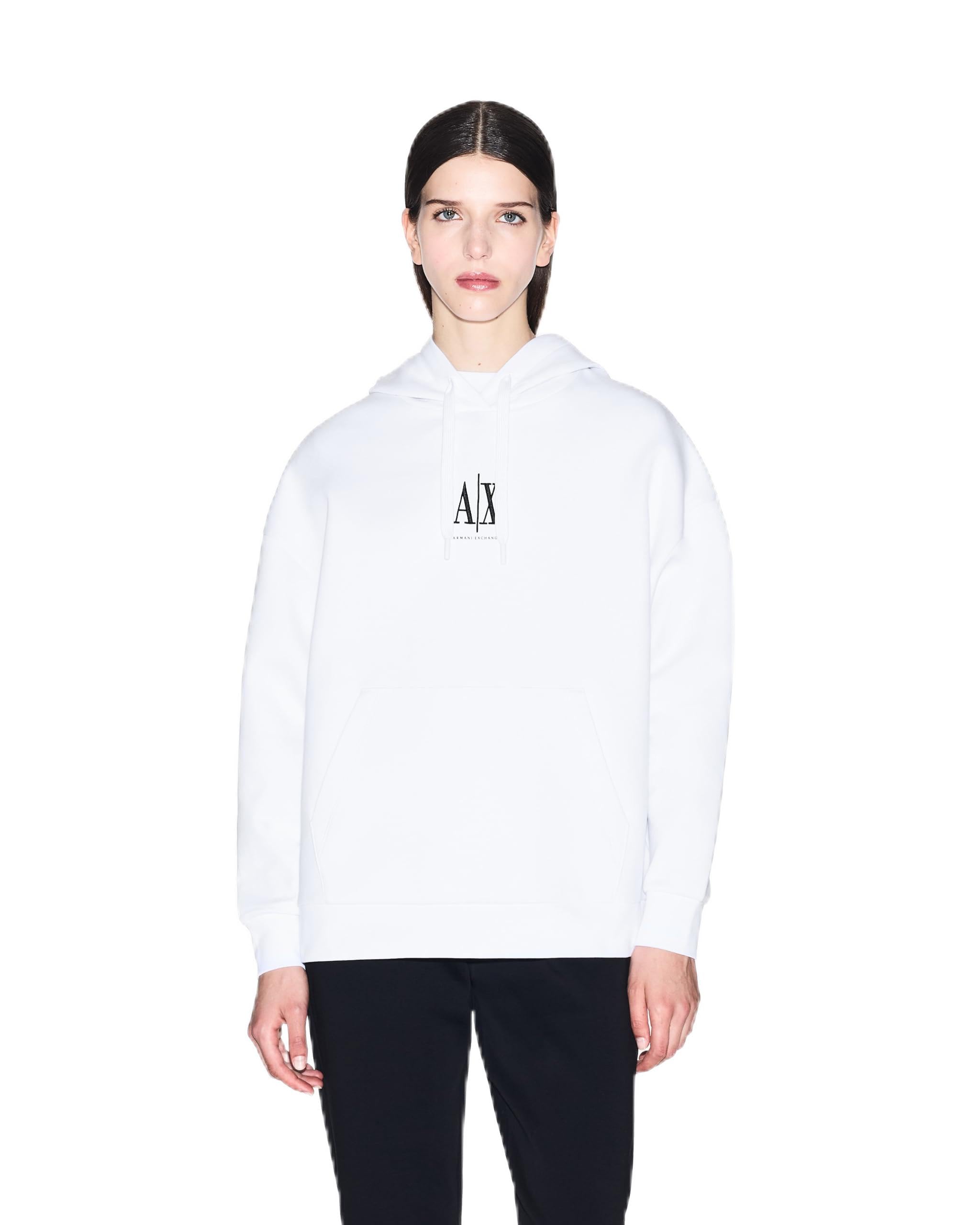 Armani Exchange Women's White Hoodies, S, Long Sleeve Hooded T-Shirt With Slip-On Fastening