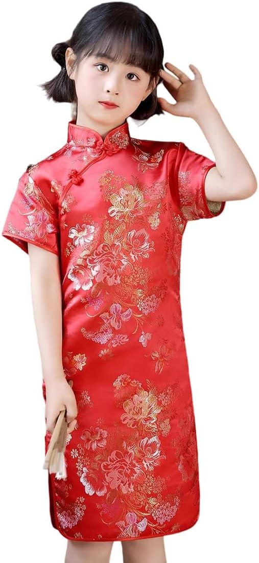 Girls Chinese Qipao Dress Dragon Pattern Short Sleeve Cheongsam Costume for Birthday Party Wedding