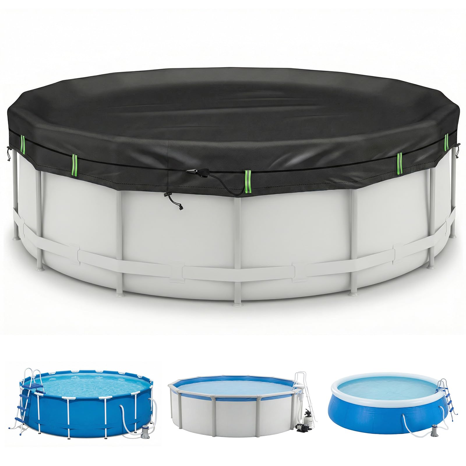2026 Upgrade Poolabdeckung Rund 366 cm – mit Reflexstreifen und Eine gewogen Werden& 210D Oxford | Ganzjahresplane für Sommer und Winter (schwarz, 366CM)