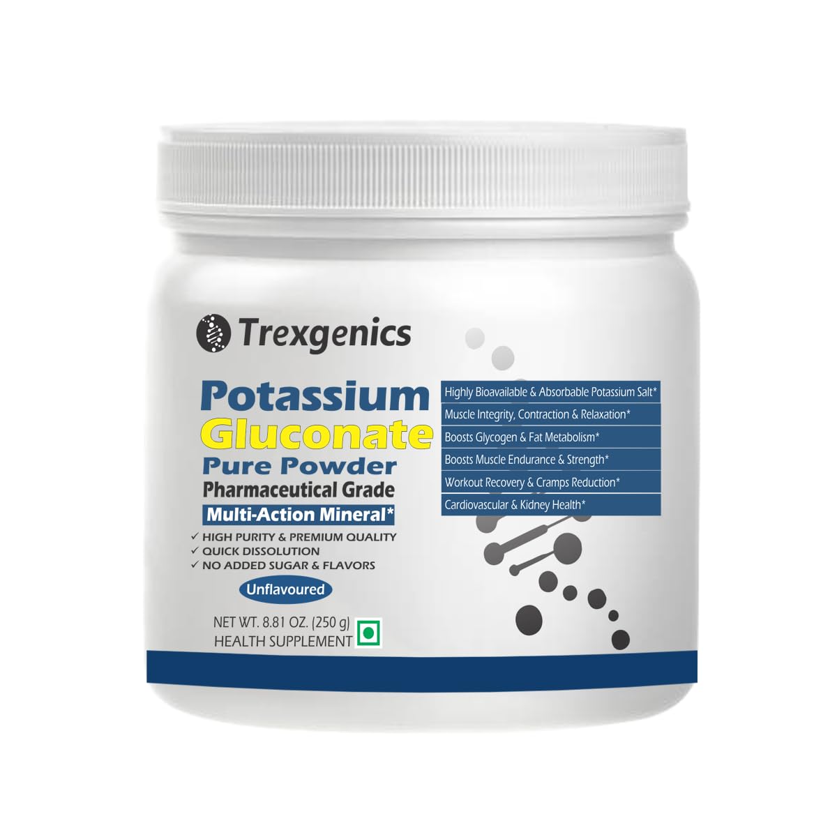 Trexgenics POTASSIUM GLUCONATE Pure Powder for SENSITIVE GUT, Pharmaceutical Grade Electrolyte Balance, Nerve & Muscle Health (250 gram / 8.81 OZ)