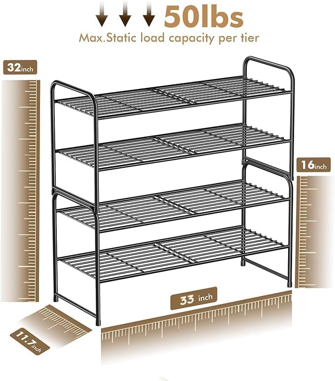 Image of 2 Pack Shoe Rack, 2-Tier Metal Stackable Shoe Shelf Storage Organizer, Heavy Duty Wire Shoe Stand for Entryway, Closet, Hallway, Holds 50 LBS, Black