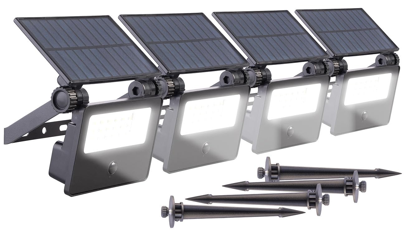 Luminea Solar-Gartenspieße: 4er-Set Solar-LED-Gartenstrahler mit Bewegungssensor, 400 lm, 1.200 mA (Spot Garten, LED Leuchte außen Garten, Baum)