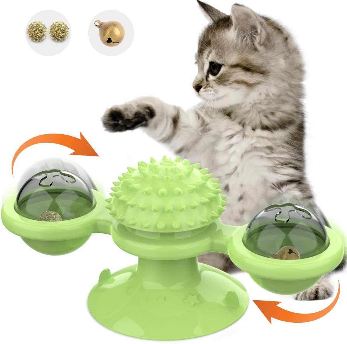 VavoPaw Placa Giratoria para Gatos, Molino de Viento Juguete Interactivo Limpieza de Dientes Alivio de Ansiedad Rompecabeza Entrenamiento con Cascabel Bola Hierba Gatera para Gatitos - Verde