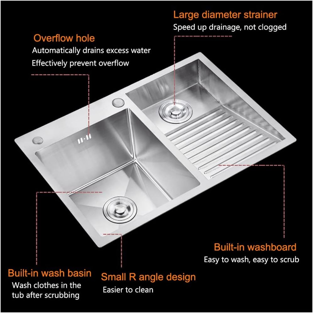 Silver Laundry Sink with Faucet,Built-in Washboardinset Stainless Steel Kitchen Right Hand Drainer, Large Utility for Washing Room, Bar, Bathroom