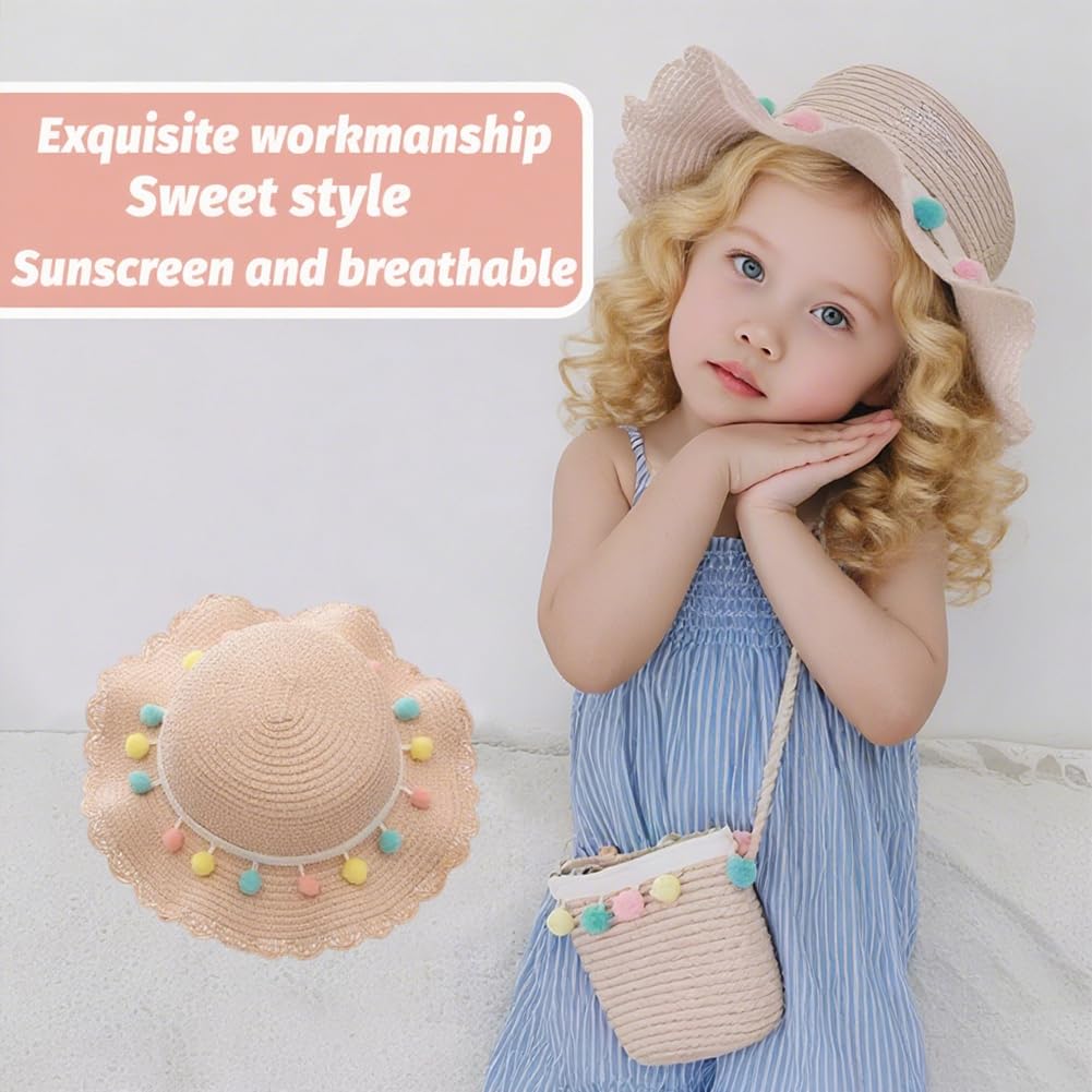 Cappello da Spiaggia Estivo e Mini di Borse Set,Cappello da Sole per Bambina,Cappello da Sole per Esterni per Ragazze per I Bambini Turismo Vacanze Spiaggia attività All'Aperto(Rosa)