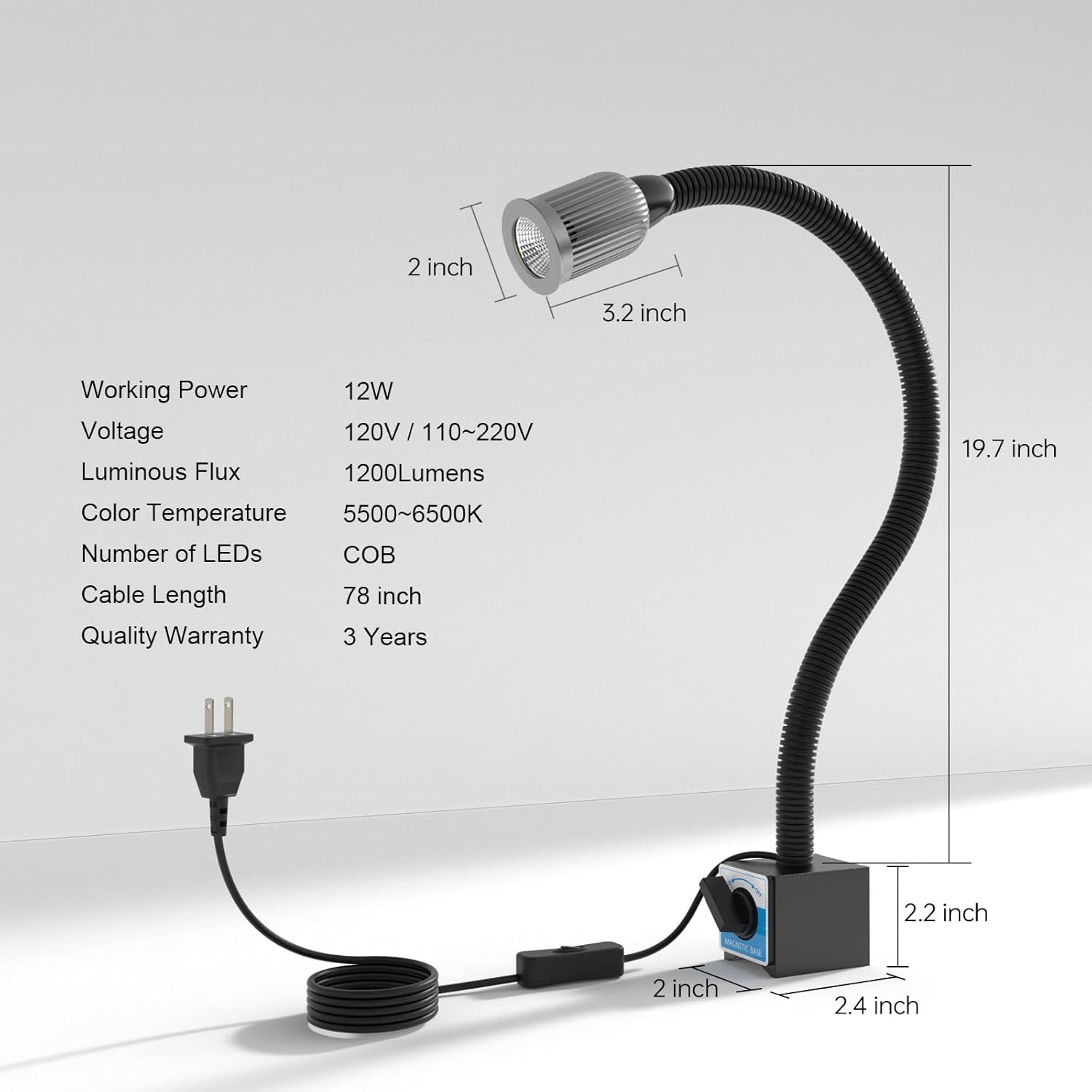 Magnetic Light, 1200 Lumen 120v Flexible Gooseneck Work Light with Adjustable Magnetic Base for CNC Milling Drill Press Sewing Machine Industrial Lighting, 12W