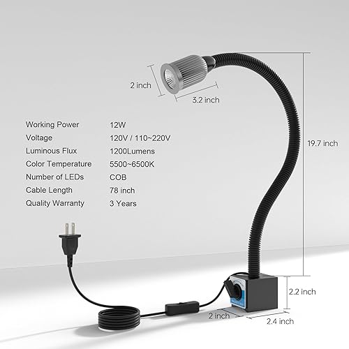 Miniatura 7 de Luz magnética, 1200 lúmenes, 120 V, luz de trabajo flexible de cuello de cisne con base magnética ajustable para fresado CNC, máquina de coser,