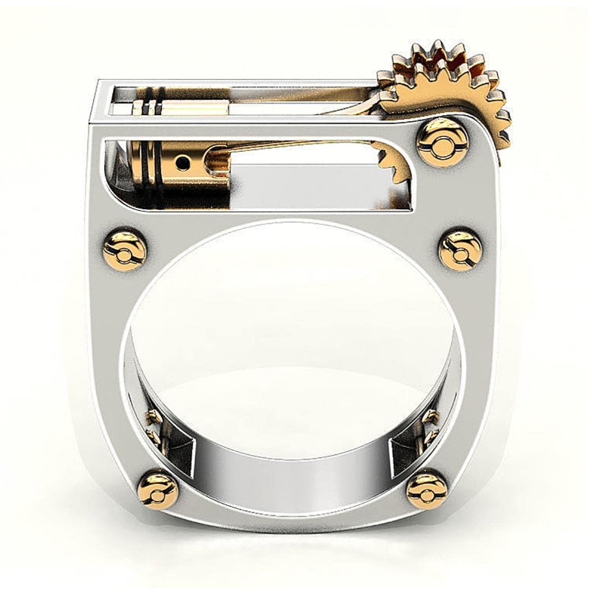 Yahoya Men's Silver Punk Square Big Gold Ring Mechanical Gear Ring