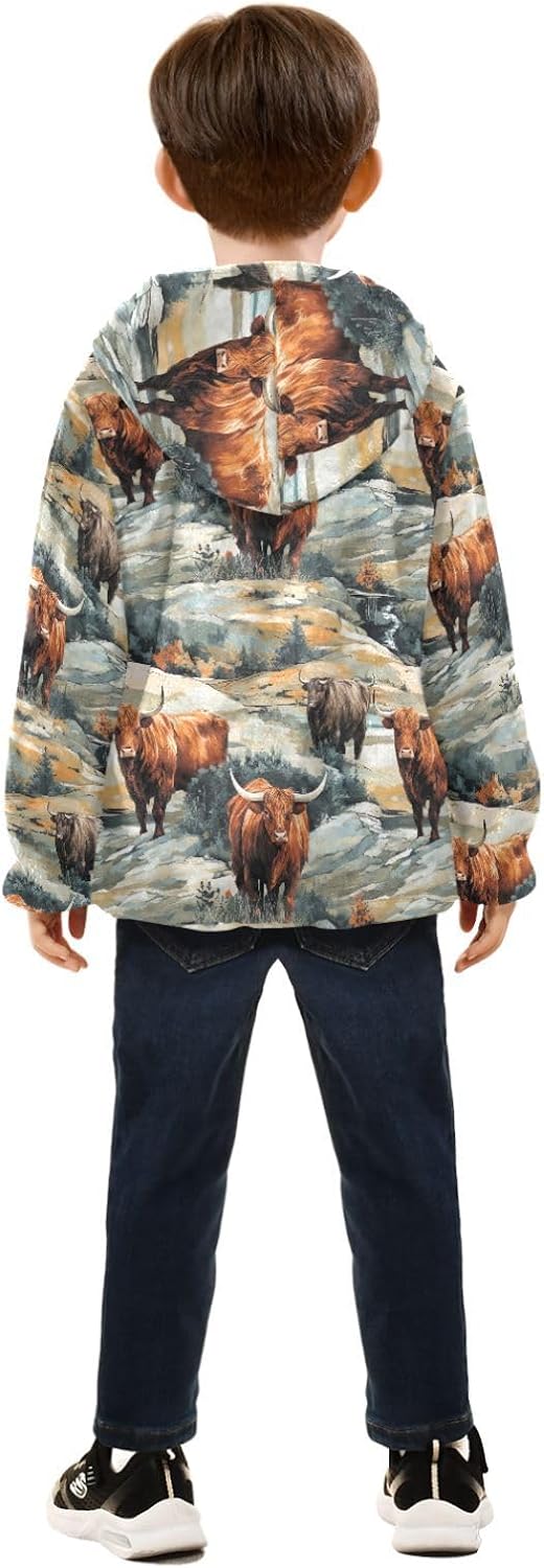 Highland Cow Animal Boys Fleece Coat,Children's Zip-Up Hoodie Jacket,Baby Warm Fashion Outerwear 3-10T,B0403028