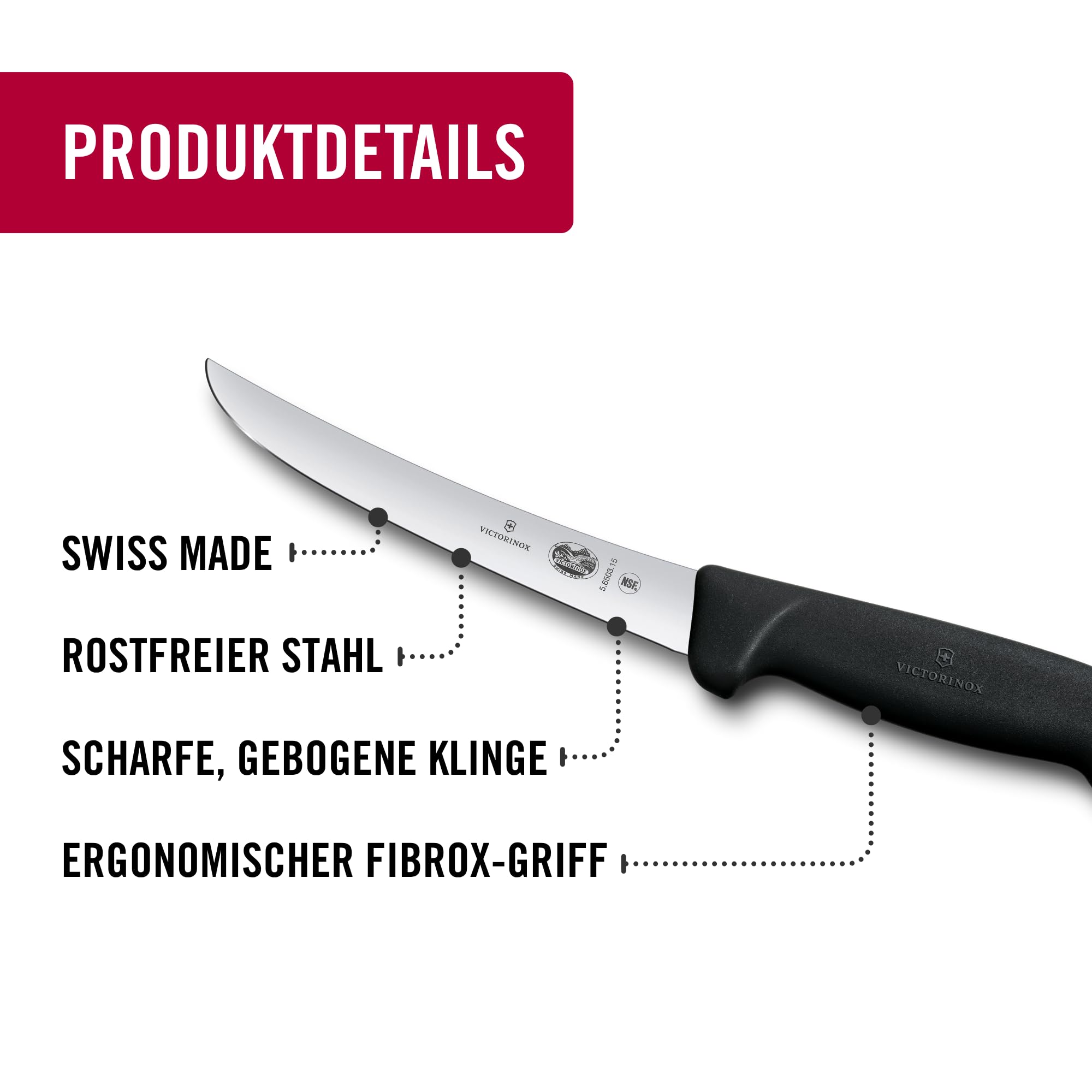 Victorinox Fibrox Ausbeinmesser, Scharfes Küchenmesser für Fleisch und Geflügel, 15 cm, Gebogene Klinge, Schmal, HACCP geeignet, Rutschfest, Schwarz