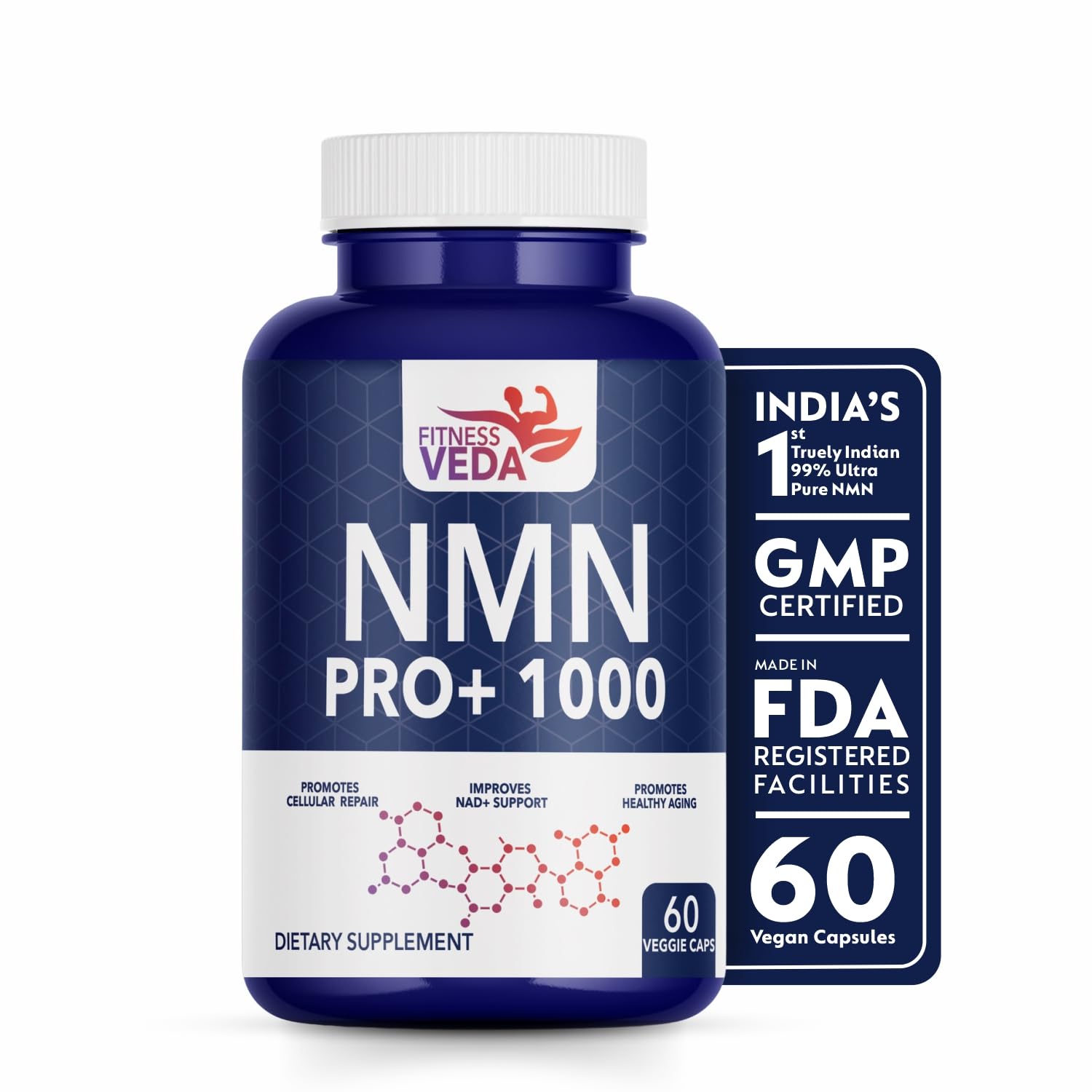 NMN PRO+1000mg Truely Indian 99.9% Pure | Cellular Repair | Healthy Ageing | Improves NAD+ Support & Skin Health - 60 Capsules- Pack of 1