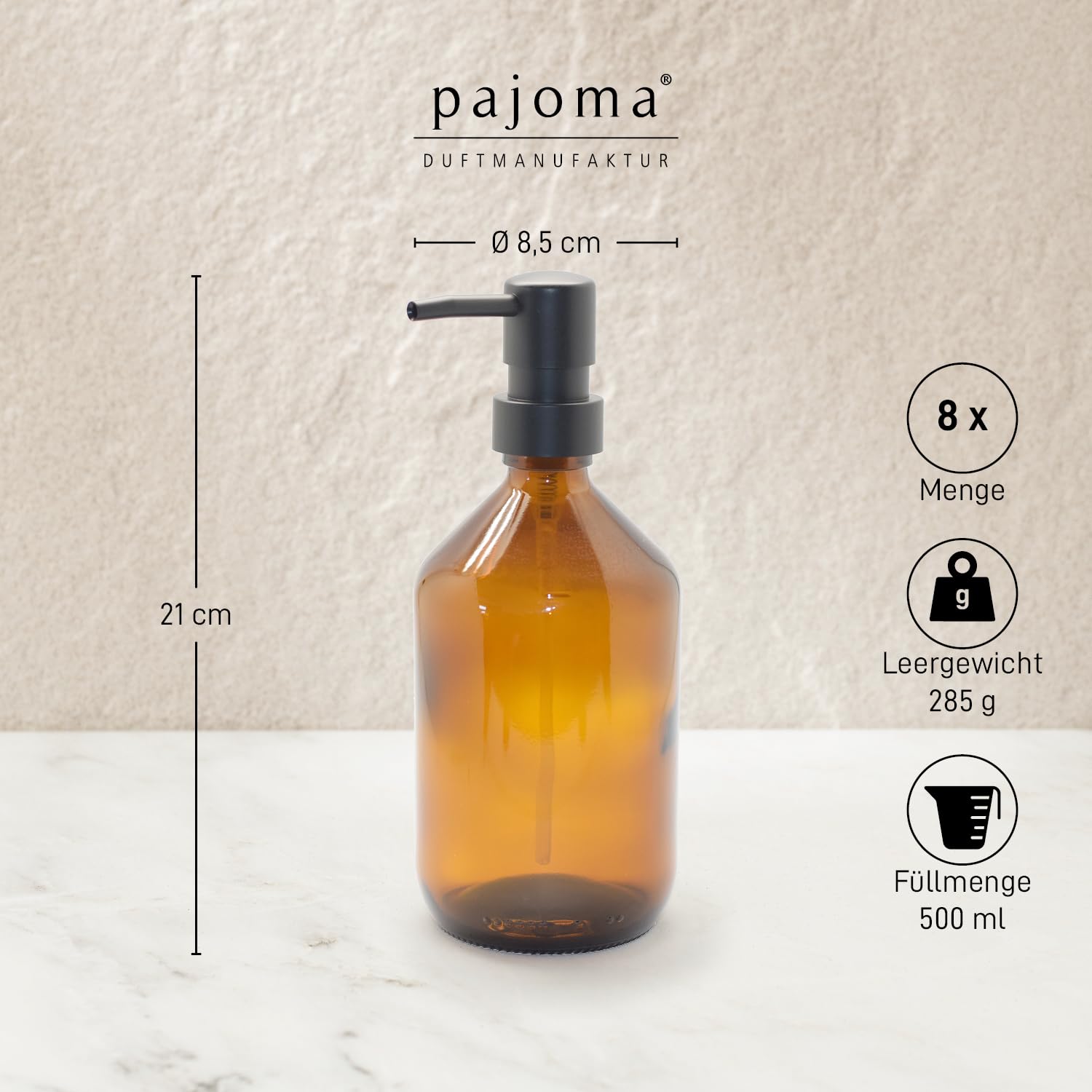 Pajoma 8X Seifenspender 500 ml aus Glas - Braunglasflasche | Ø 8.5 x 21 cm - mit schwarzem Pumpkopf | Stilvoller Spülmittelspender, Handseifenspender & Pumpspender - ideal für Küche, Bad und Dusche